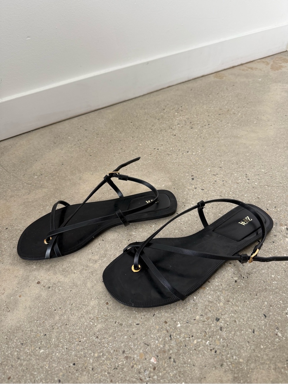 Zara Black Strappy Sandals with Gold Accents - Picture 2 of 3